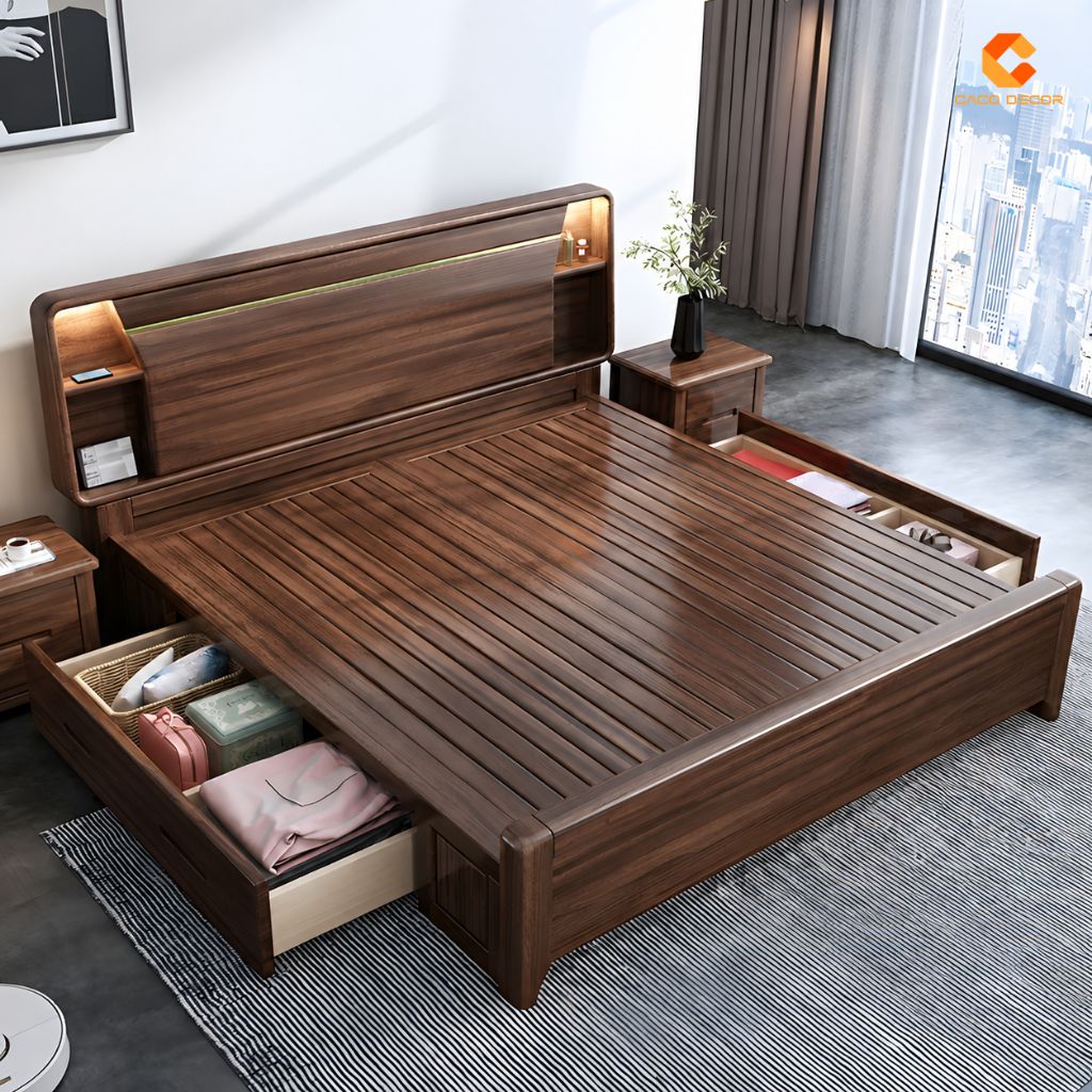 Giường Ngủ Gỗ Tự Nhiên Màu Nâu Vân Gỗ Đậm - GNTN09 2