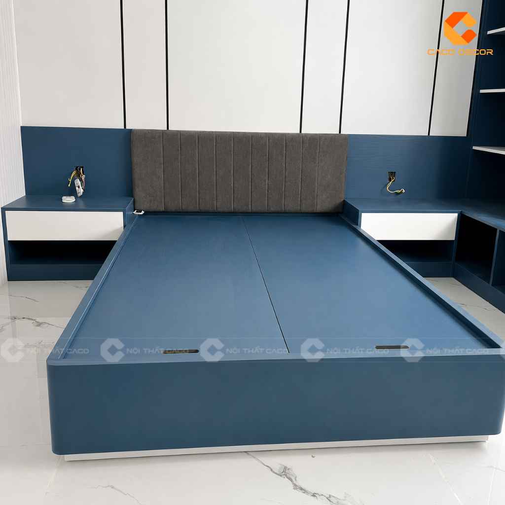 Giường ngủ tone xanh đậm hoàn thiện tại nhà Phương Hoàng KDC Him Lam