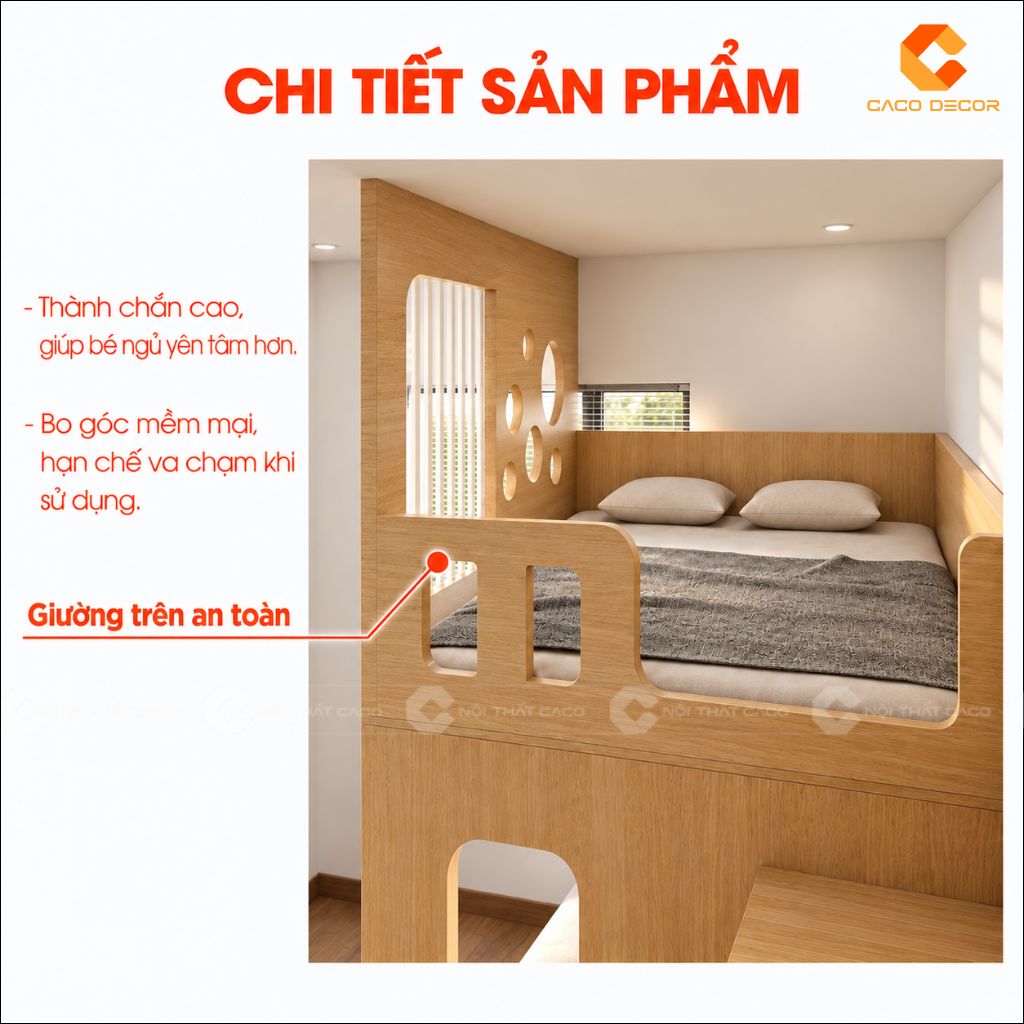 Chi tiết thành chắn cao và bo góc an toàn của giường tầng
