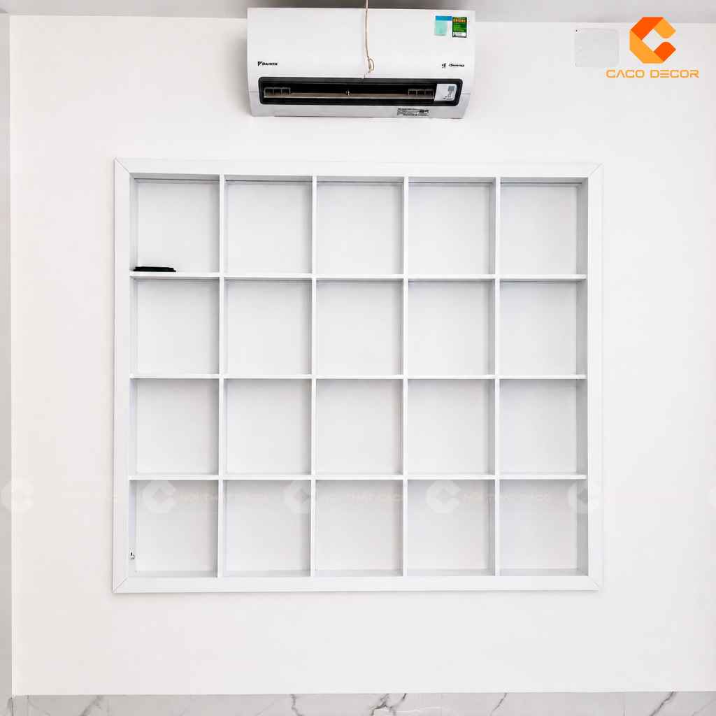 Hệ kệ trang trí kết hợp tủ lưu trữ phòng ngủ tone trắng