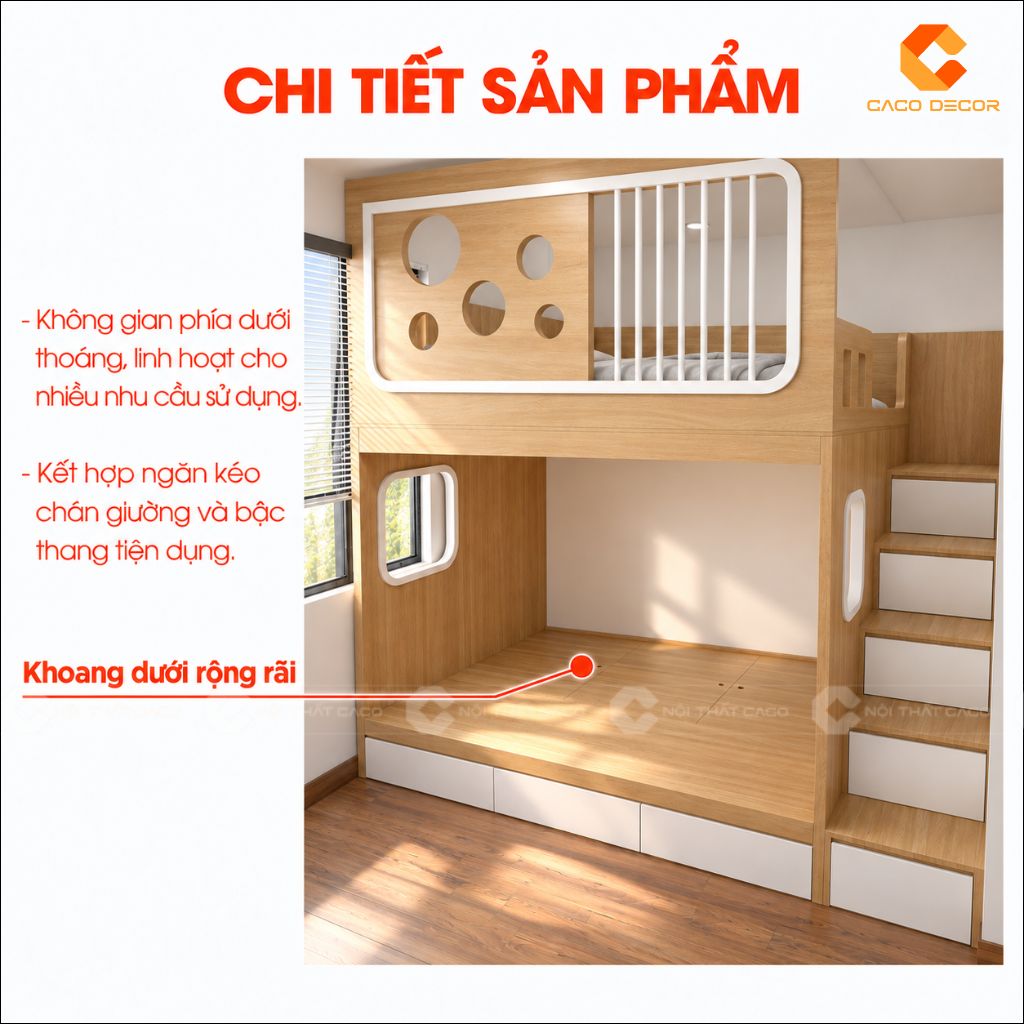 Khoang dưới rộng rãi, thoáng đãng của giường tầng