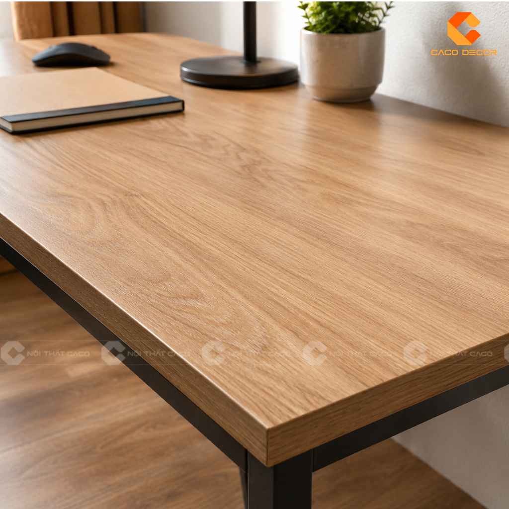 Cận cảnh bề mặt bàn làm việc gỗ ép 1m2