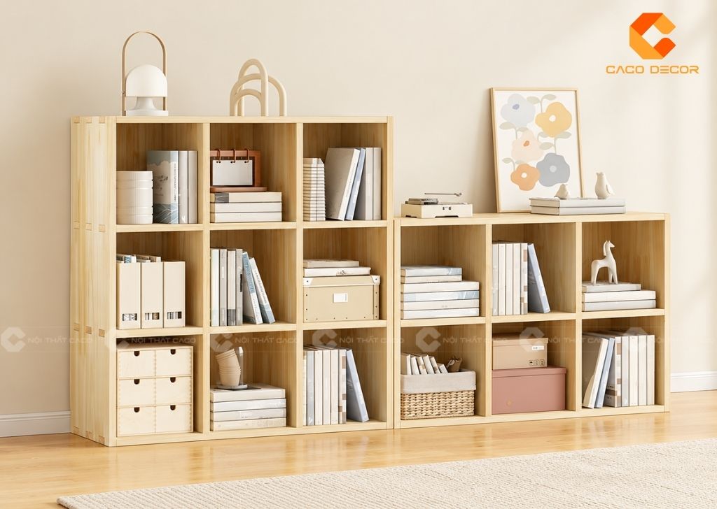 Mẫu kệ sách đẹp bằng gỗ dạng ô vuông nhiều kích thước để bàn
