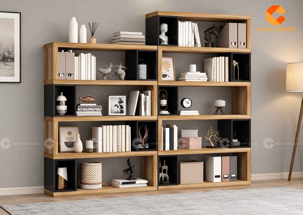 Mẫu kệ sách đẹp bằng gỗ kết hợp màu đen thiết kế nhiều ngăn