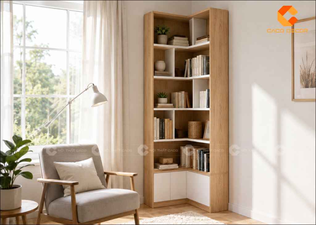 Mẫu kệ sách đẹp góc phòng cao sát tường tiết kiệm diện tích