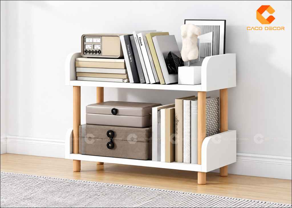 Mẫu kệ sách đẹp 2 tầng thấp màu trắng kết hợp chân gỗ