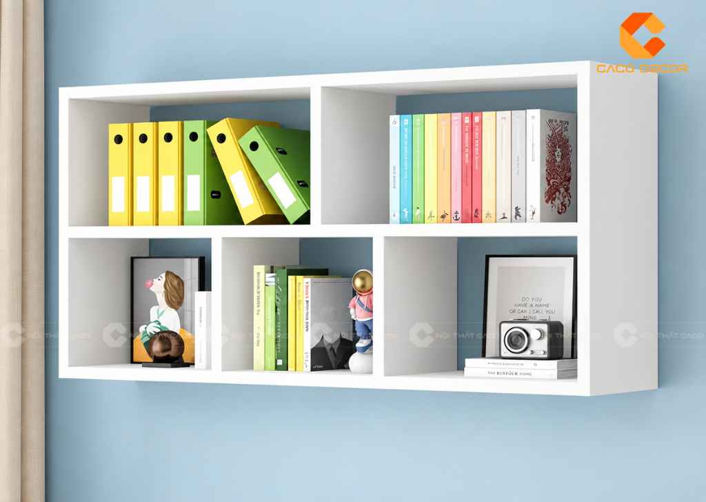 Mẫu kệ sách đẹp treo tường màu trắng thiết kế ô vuông mini