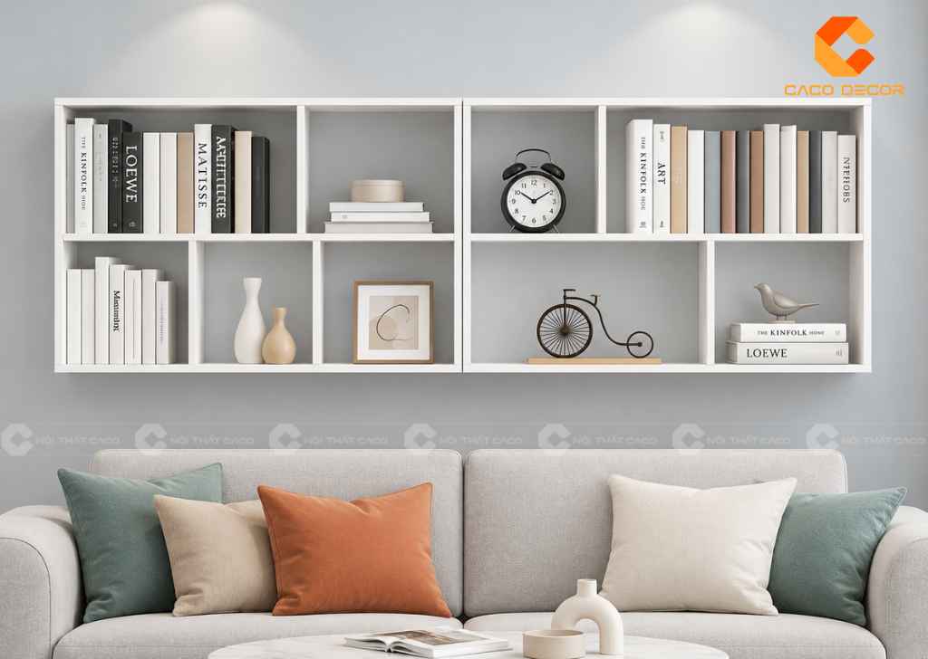 Mẫu kệ sách đẹp treo tường phòng khách phía trên sofa