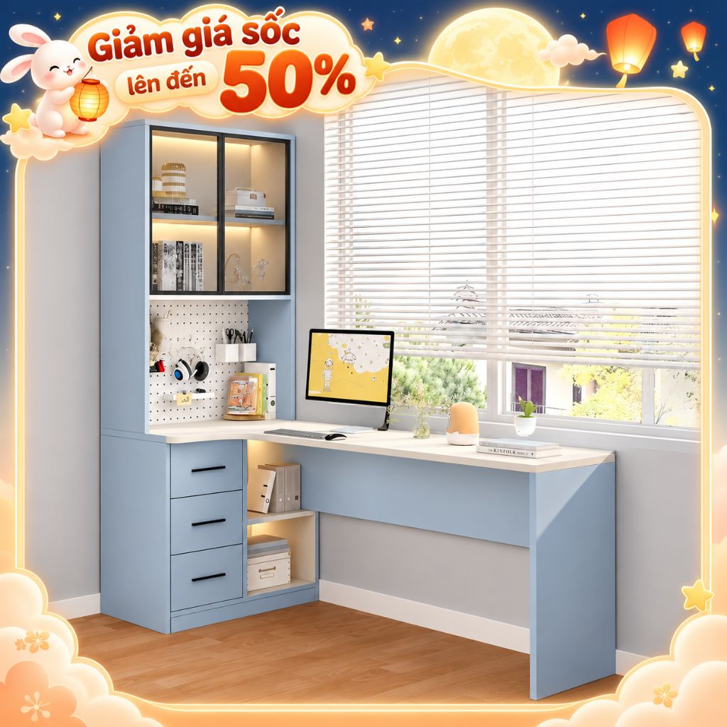 Bàn học trẻ em góc L kèm kệ sách nhiều tiện ích