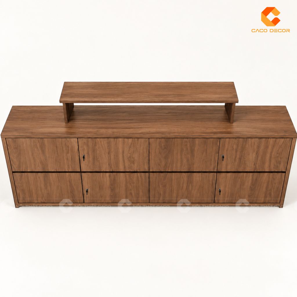 Phối cảnh 3D tủ hồ sơ vân gỗ nhìn từ trên cao cho chị Trinh