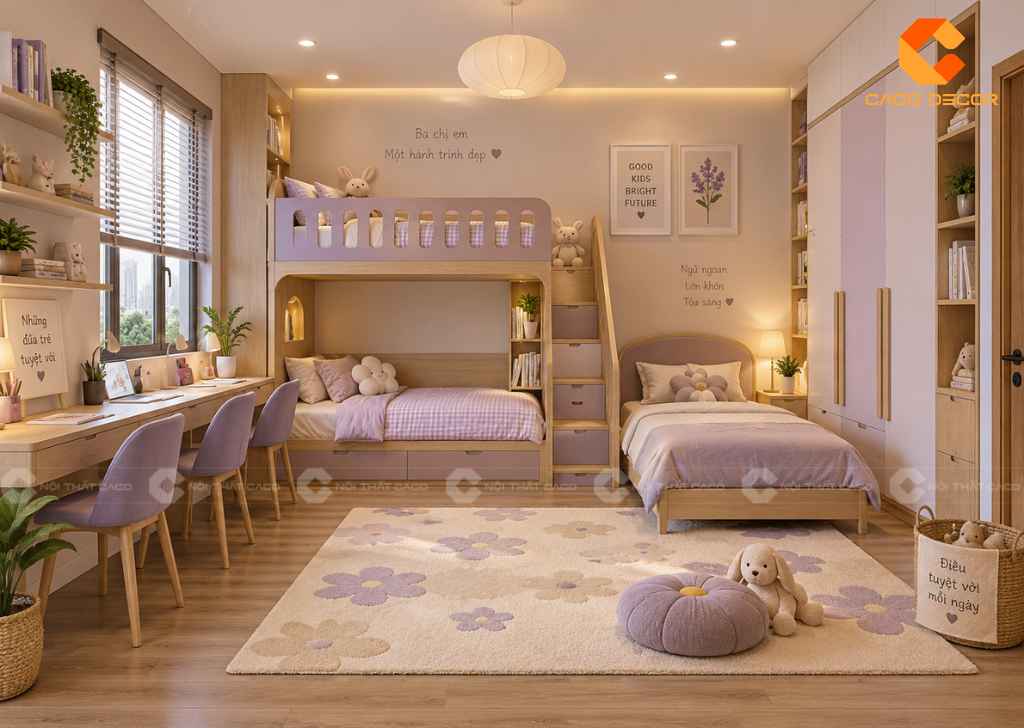 Thiết kế phòng ngủ 3 bé gái phối hồng tím pastel với giường tầng và bàn học ba chỗ