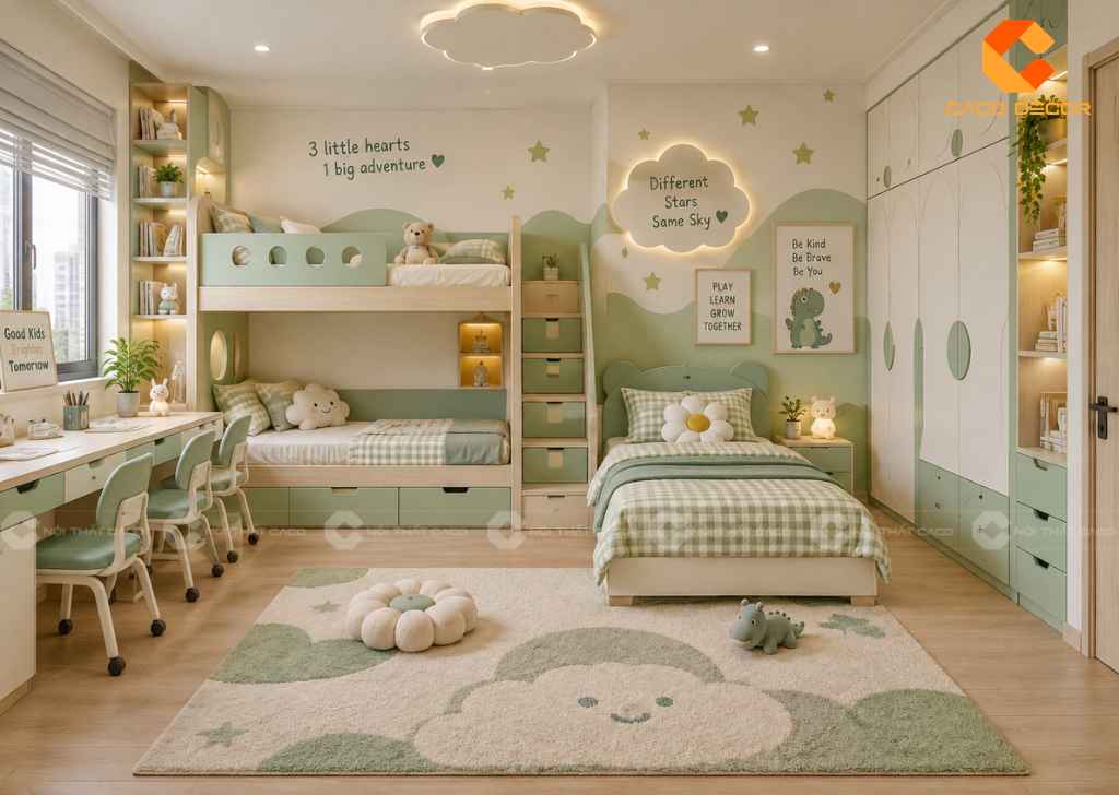 22+ Ý Tưởng Thiết Kế Phòng Ngủ Cho 3 Bé Đẹp, Tiện  15