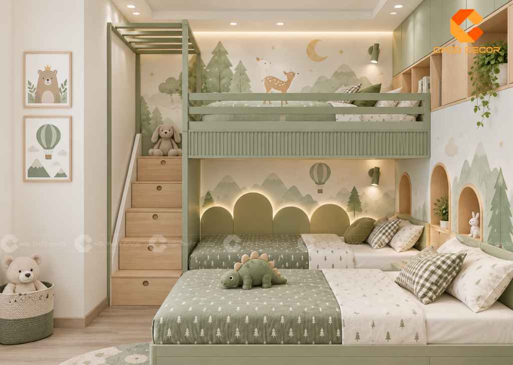 22+ Ý Tưởng Thiết Kế Phòng Ngủ Cho 3 Bé Đẹp, Tiện  24