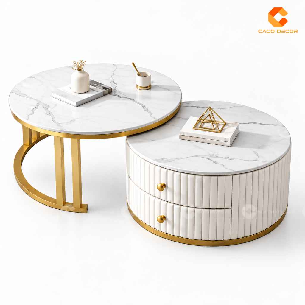 Thiết kế 3D bộ bàn trà mặt vân đá khung vàng cho anh Huy tại Bảo Lộc
