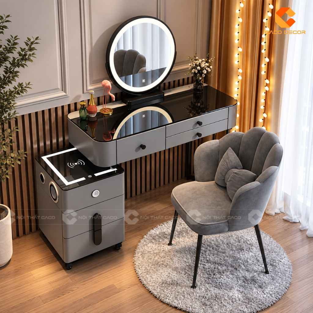 Thiết kế 3D bàn trang điểm gương tròn và ghế ngồi cho anh Huy tại Bảo Lộc