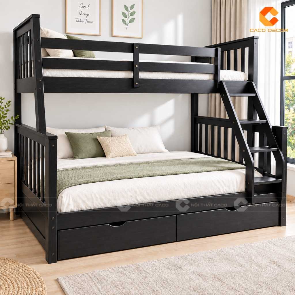 Thiết kế 3D giường tầng trẻ em màu nâu đậm cho công trình anh Hải