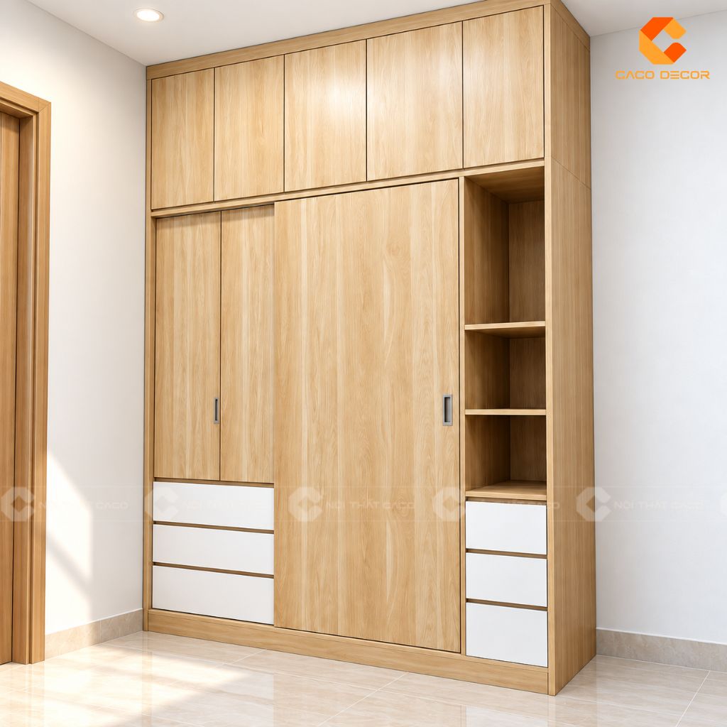 Thiết kế 3D tủ quần áo kịch trần vân gỗ phối hộc kéo trắng