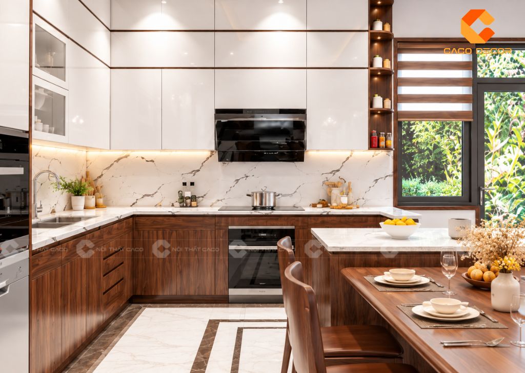 Đảo bếp nhỏ gọn thêm không gian thao tác nấu nướng