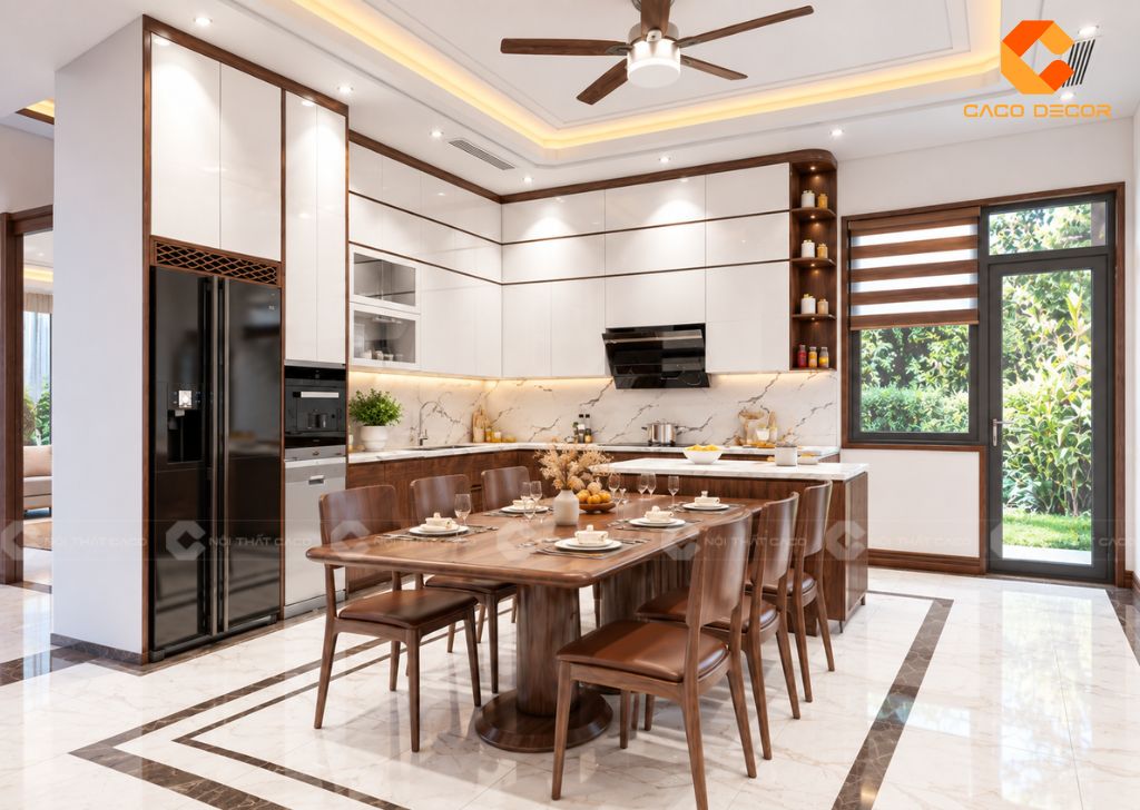 Thiết kế tủ bếp chữ L với màu trắng phối nâu gỗ tinh tế