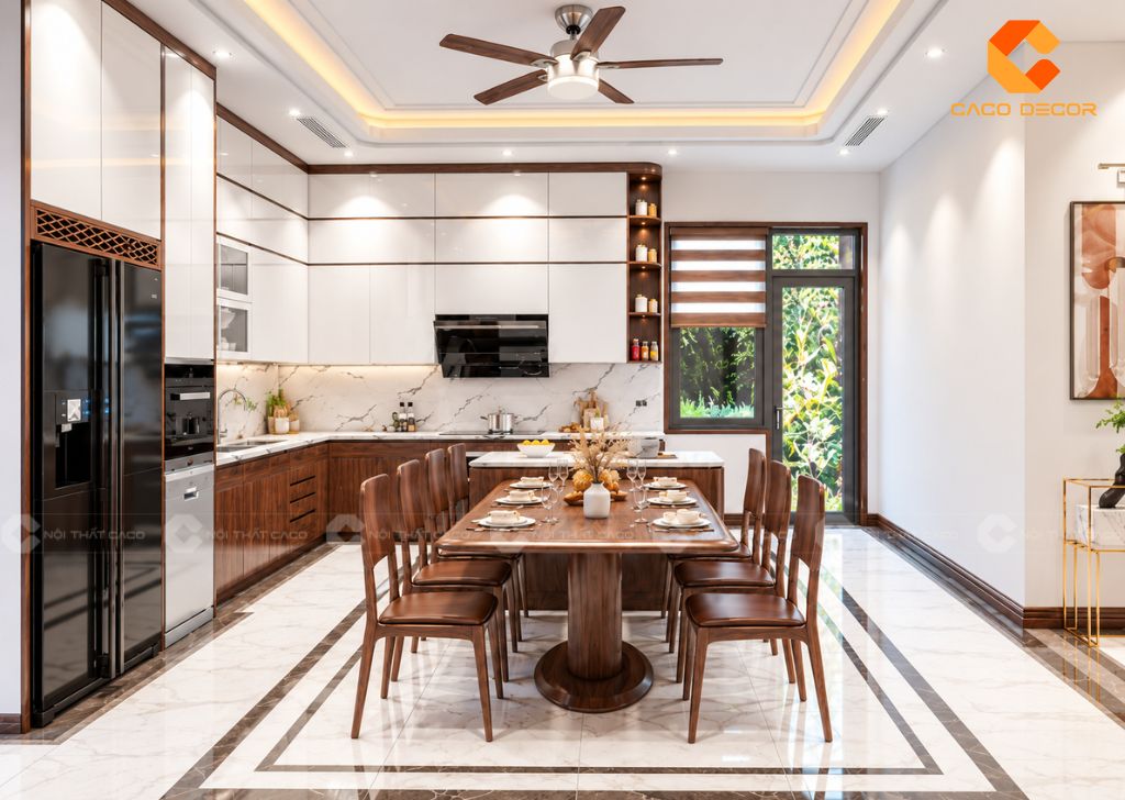 Hệ tủ bếp trên cao kịch trần phủ sơn trắng sáng thoáng