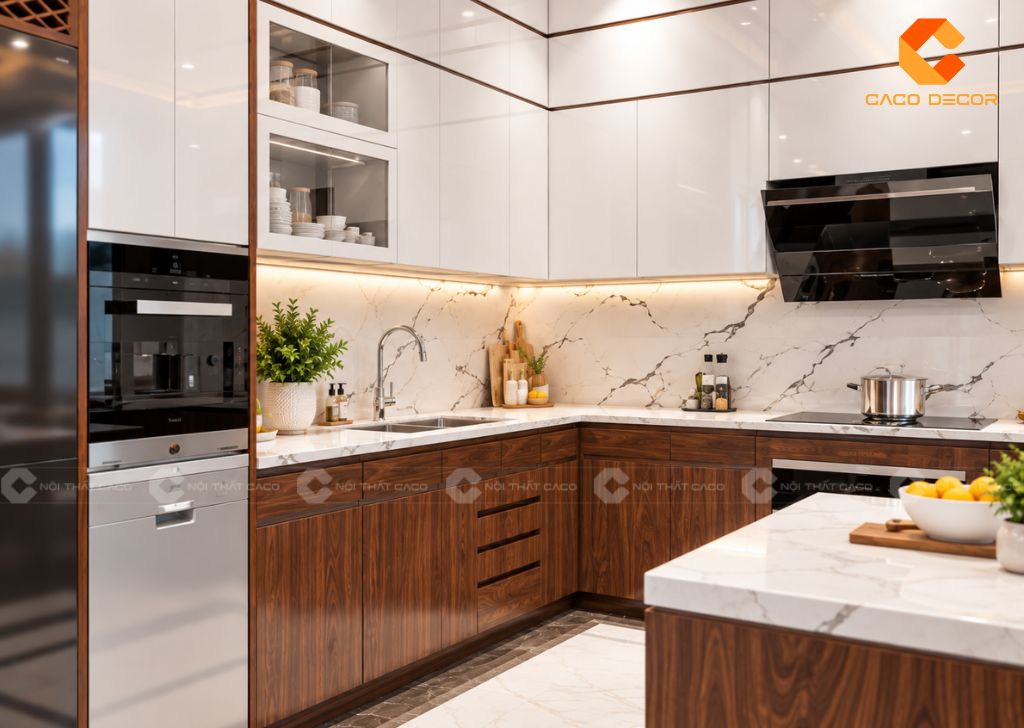 Hệ tủ bếp dưới với tông vân gỗ nâu ấm cúng