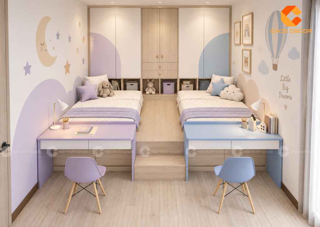 Thiết kế phòng ngủ 12m2 cho 2 bé kết hợp hai giường và hai bàn học