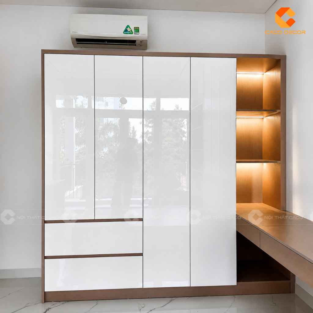Tủ quần áo acrylic trắng kết hợp kệ LED và bàn làm việc Phương Hoàng