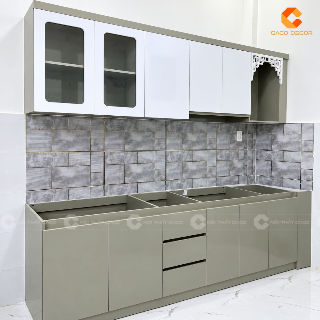 Tủ bếp chữ I phối xám trắng hiện đại tại phường Minh Phụng