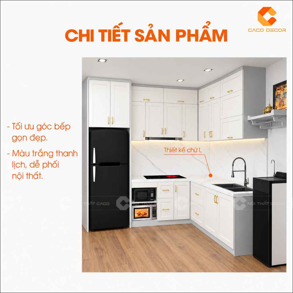 Thiết kế chữ L của tủ bếp gỗ công nghiệp TBM120