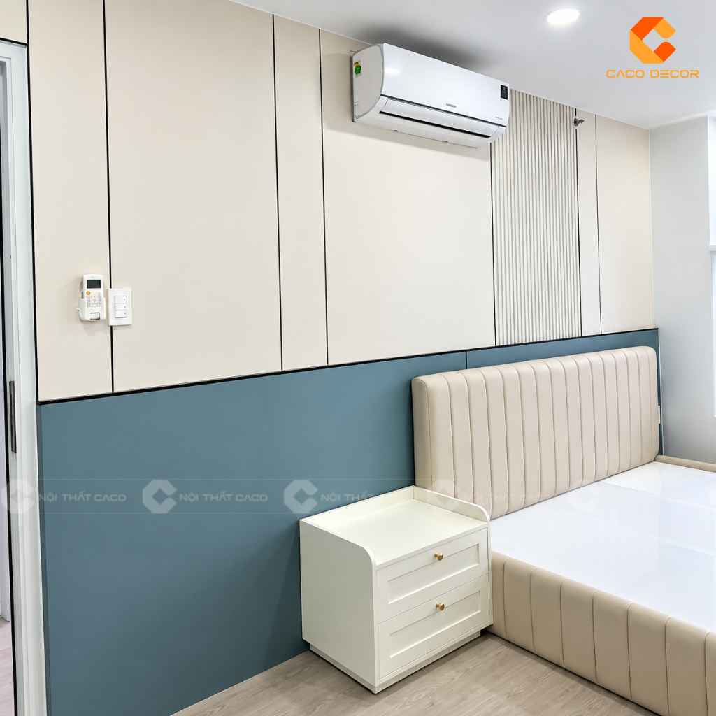 Tủ đầu giường đồng bộ tone trắng kem sang trọng