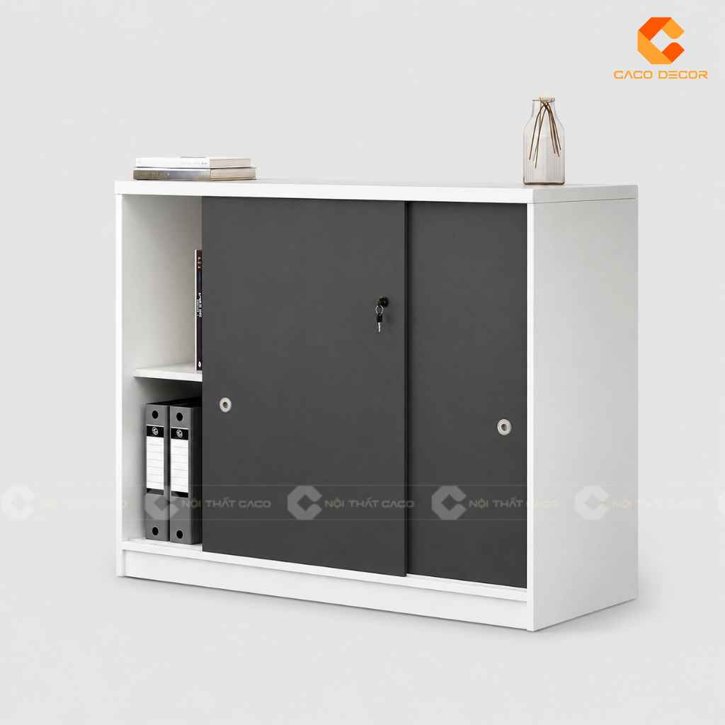 Tủ hồ sơ gỗ công nghiệp THS043 phối trắng xám có cánh lùa hiện đại