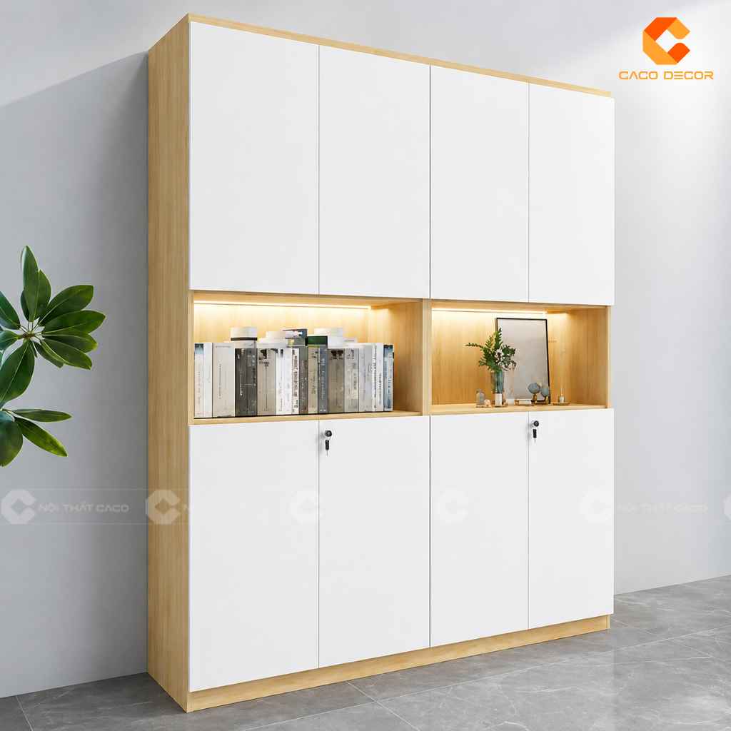 Tủ Hồ Sơ Gỗ Công Nghiệp THS044 Kệ Trang Trí Có Đèn 3