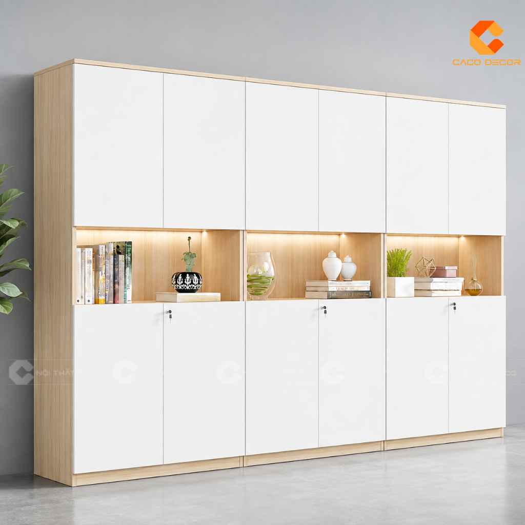 Tủ Hồ Sơ Gỗ Công Nghiệp THS044 Kệ Trang Trí Có Đèn 7