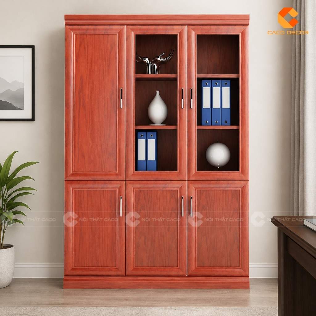 Tủ hồ sơ gỗ tự nhiên THS046 màu đỏ nâu sang trọng