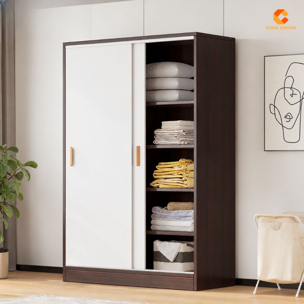 Tủ quần áo gỗ MDF cửa lùa màu vàng vân gỗ phối trắng 