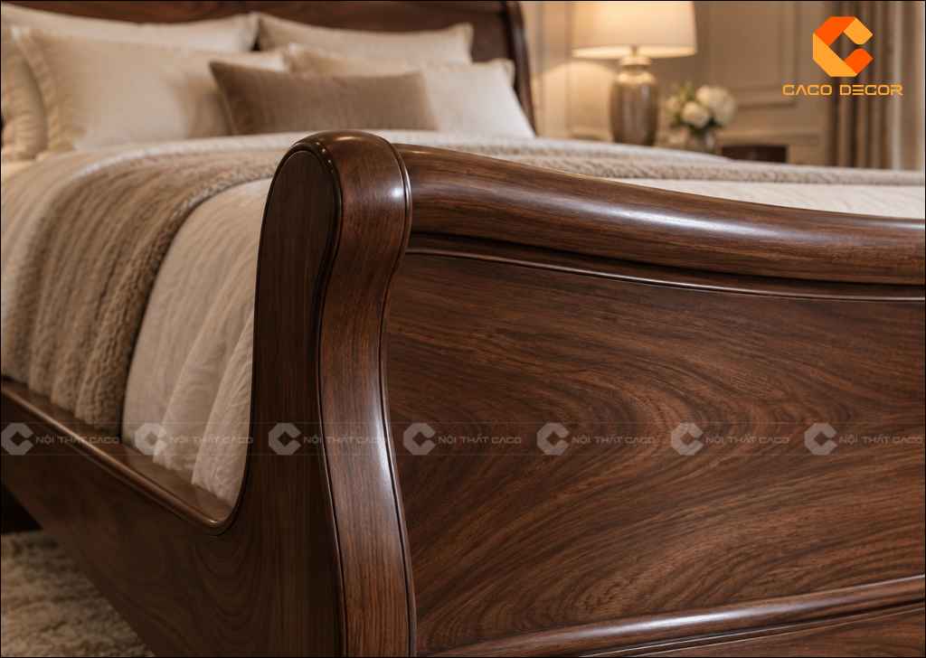 Vân gỗ óc chó trên giường ngủ tân cổ điển