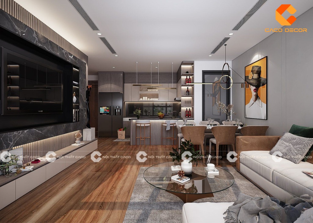 Thiết kế phòng khách liền bếp 50m2 cho chung cư