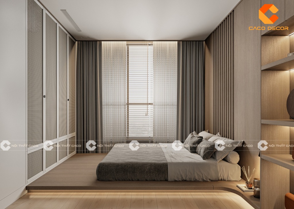 Phòng ngủ Japandi với nội thất tiện ích có nhiều công năng sử dụng