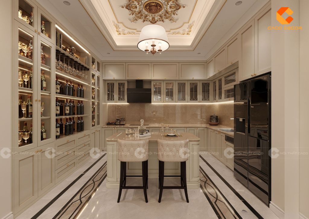 Thiết kế phòng bếp cho biệt thự phối gam trắng hiện đại