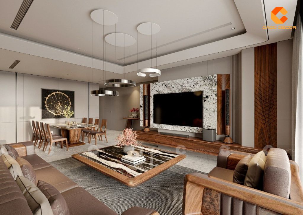 Mẫu thiết kế nội thất phòng khách biệt thự gỗ tự nhiên