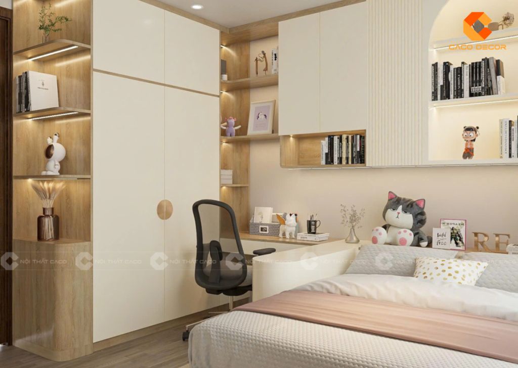 Thiết kế bàn học với tủ kệ đựng sách vở thông minh