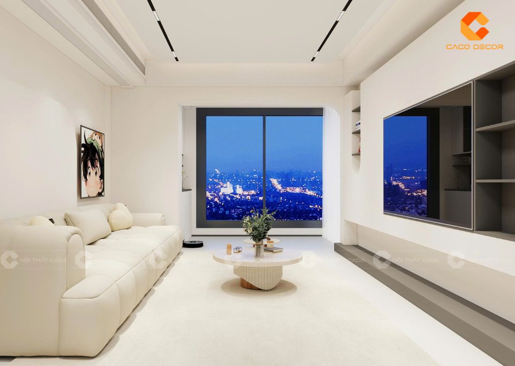 Thiết kế phòng khách với bộ sofa, bàn trà và kệ tivi