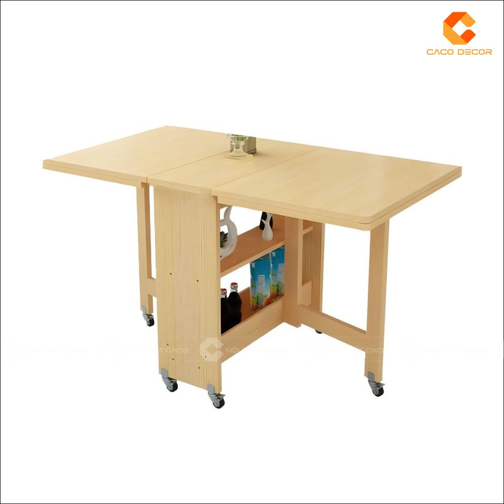 Bàn ăn gấp gọn BA071 màu gỗ sáng có bánh xe di động