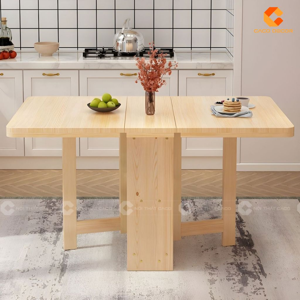 Bàn ăn gỗ tự nhiên BA071 mở hoàn toàn trong không gian bếp