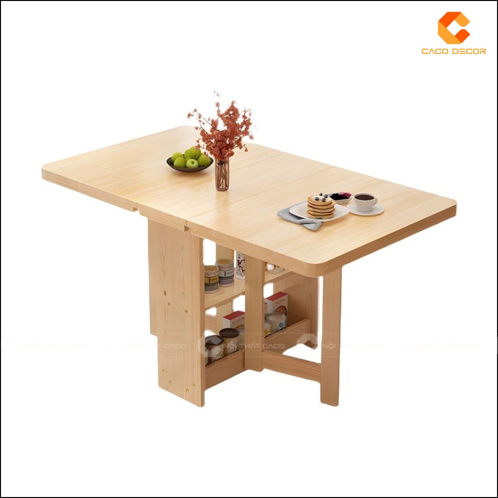 Bàn ăn gấp gọn gỗ tự nhiên BA071 khi mở rộng mặt bàn