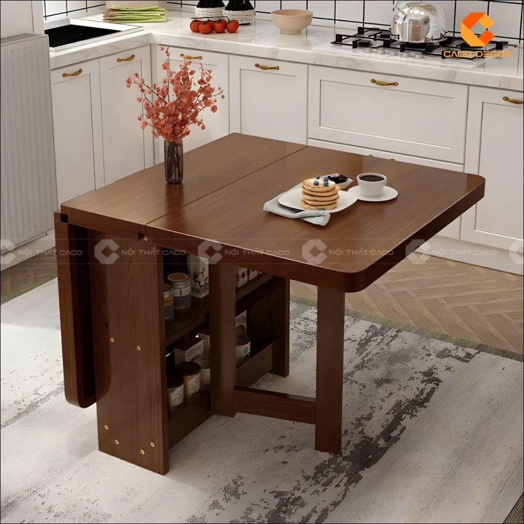 Bàn ăn gấp gọn BA071 màu nâu mở rộng trong gian bếp