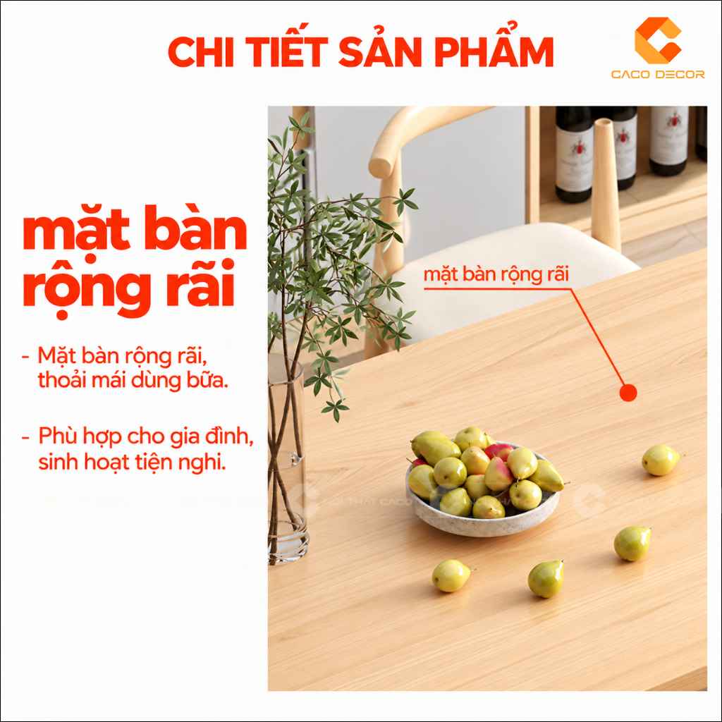 Chi tiết mặt bàn rộng rãi của bàn ăn gỗ tự nhiên BA074