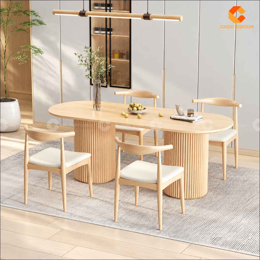 Bàn ăn gỗ tự nhiên BA074 phối cùng ghế gỗ bọc nệm
