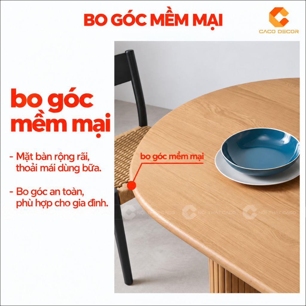 Chi tiết mặt bàn ăn gỗ tự nhiên BA075 bo góc mềm mại