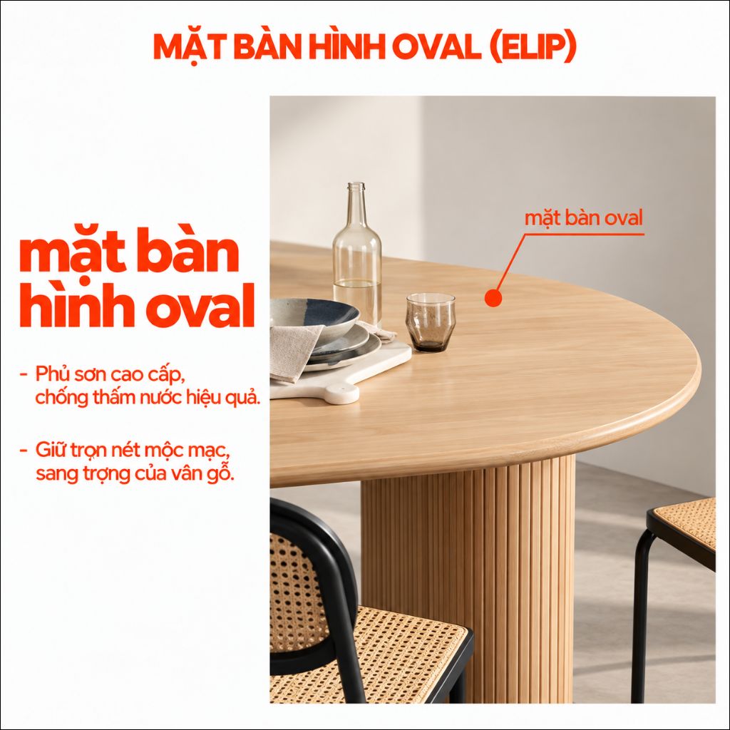 Mặt bàn oval của bàn ăn gỗ tự nhiên BA075